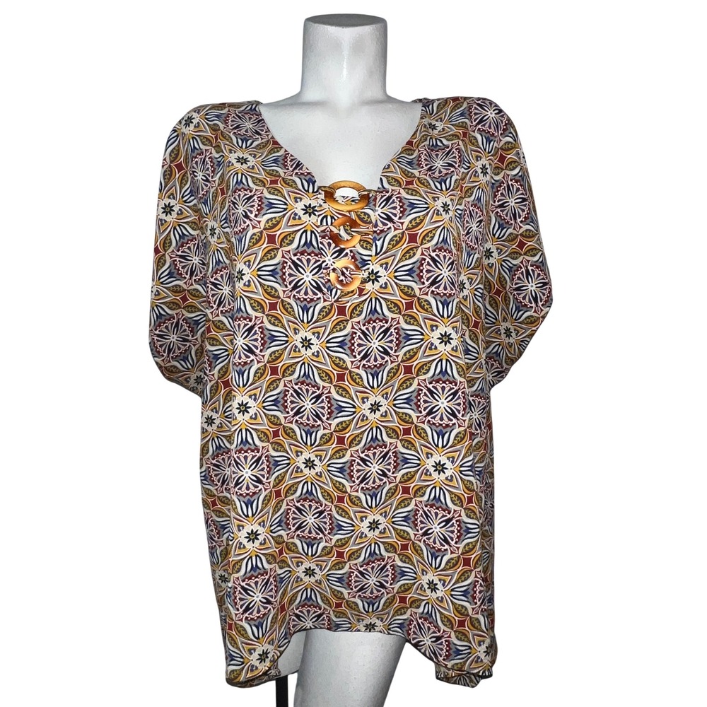 NY Collection Woman Geometric Medallion Ring V-Neck Top Womens 2X Mustard Navy